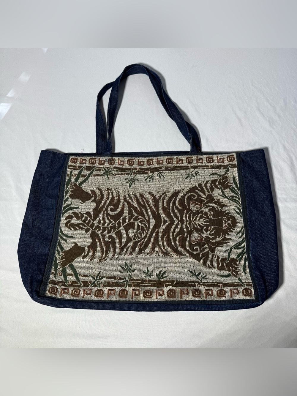 Stylish handmade vintage denim Tote Bag with Brown Tiger Tapestry Panel